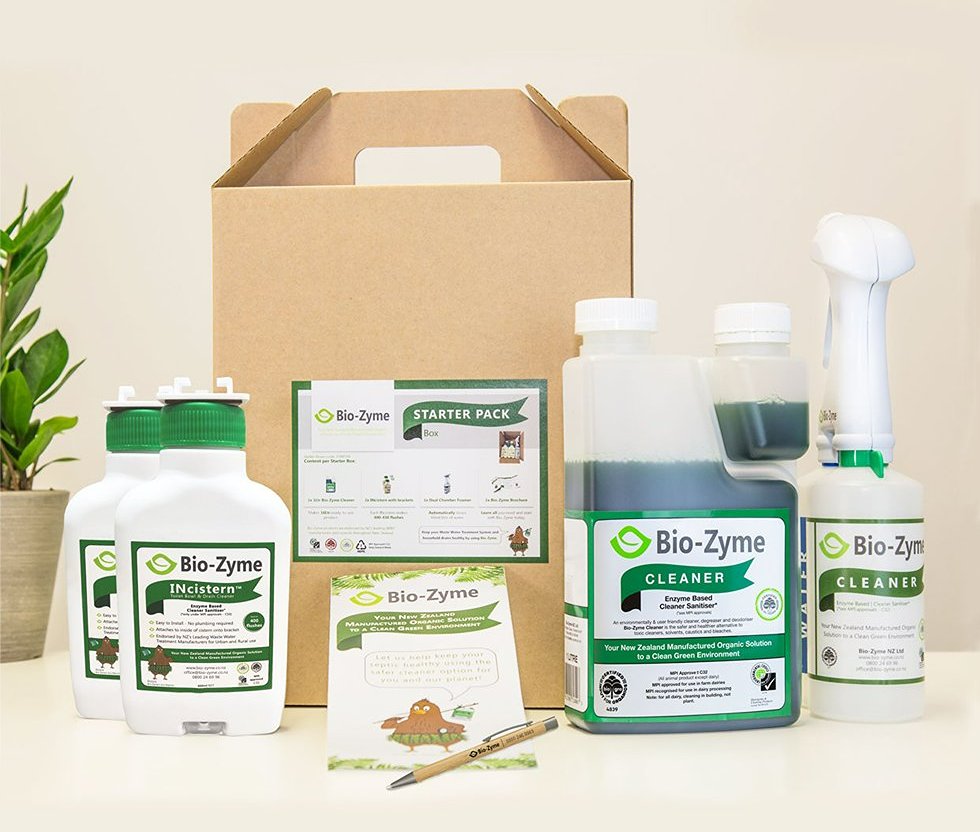 Bio-Zyme Start Pack box and the contents of the box on a table