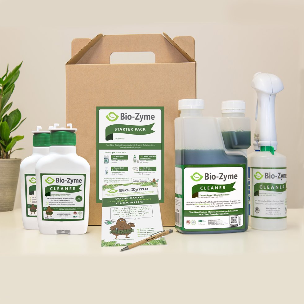 Bio-Zyme Start Pack box and the contents of the box on a table