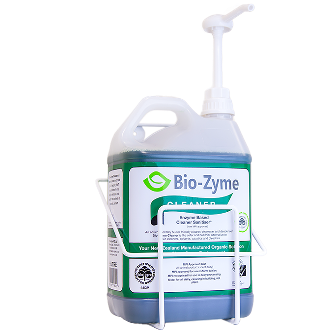 Bio-Zyme Cleaner with Pump Lotion 30mL attached, sitting into a white wire basket